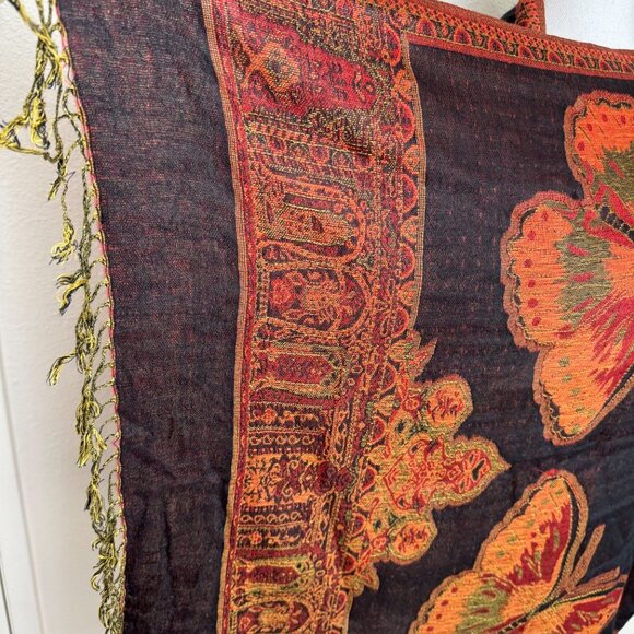 Reversible Scarf Shawl Black Terracotta Butterflies 100% Pashmina - Picture 3 of 7